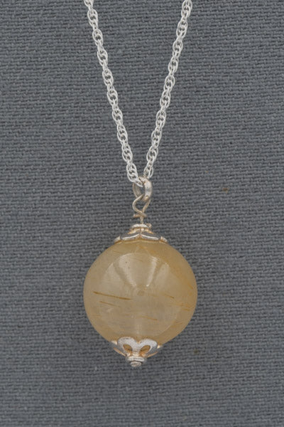 Rutilated Golden Quartz Round Pendant on Sterling Silver Chain