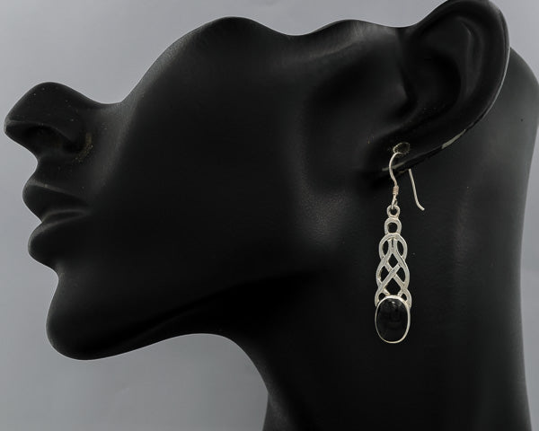Sterling Silver Celtic Drop Earrings with Onyx 5cm - Silvertree Jewelry #
