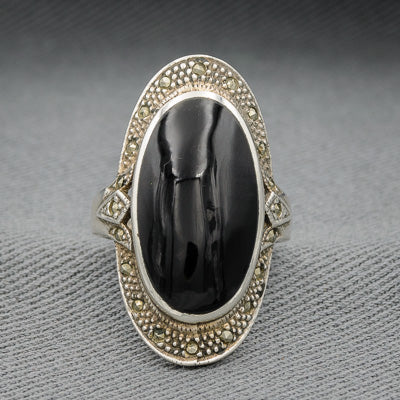Sterling silver onyx ring with marcasites