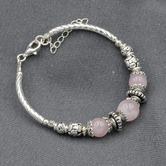 Sterling silver Rose quartz with Bali beads bracelet