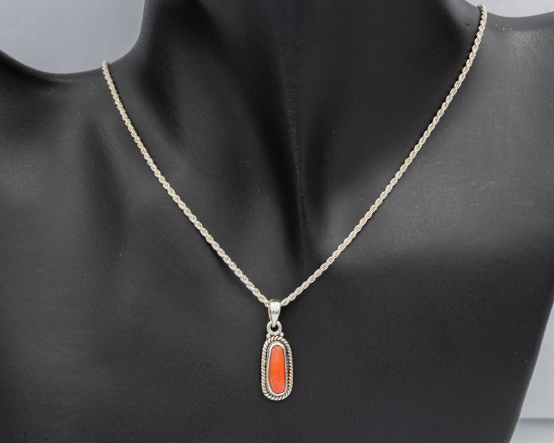 Long Coral Pendant in Sterling Silver on Popcorn Chain - Silvertree Jewelry #