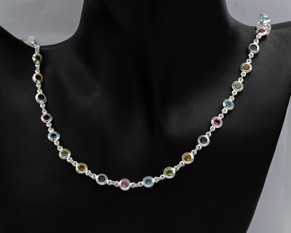 Multi coloured cubic chain set in silver