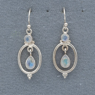 Moonstone set in silver oval frame danglers - Silvertree Jewelry #