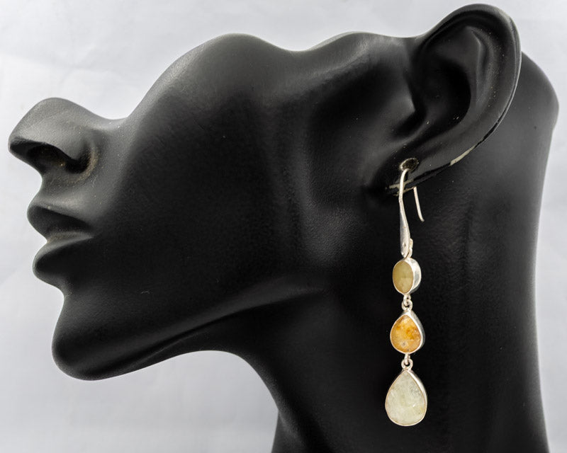 Three Colour Sapphire Dangling Earrings in Sterling Silver