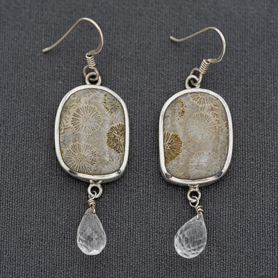 Fossil coral and crystal earrings