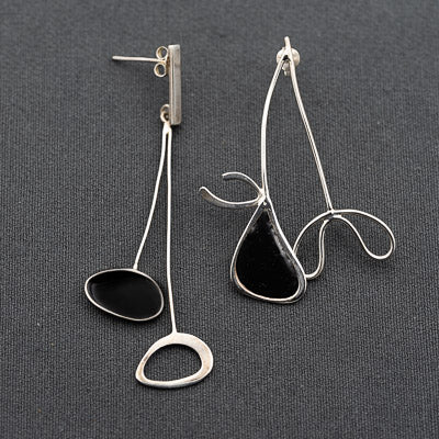 Asymmetric black lacquer sterling silver earrings