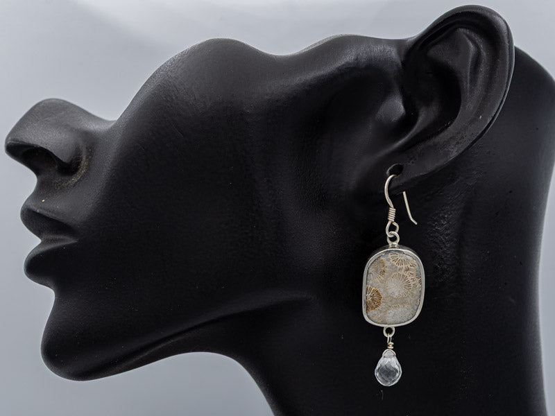 Fossil coral and crystal earrings