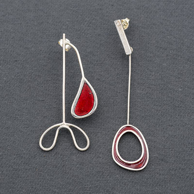 Asymmetric red lacquer sterling silver earrings