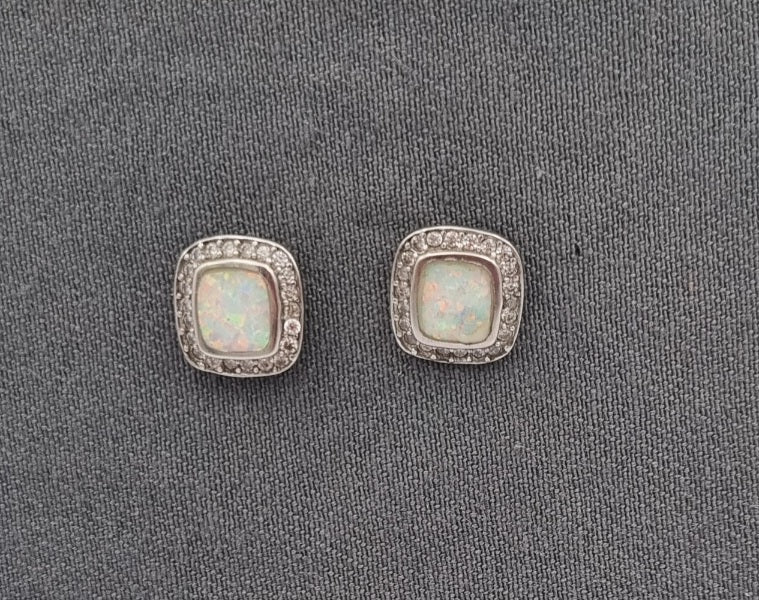 Opaline and Cubic Zirconia Square Earrings in Sterling Silver – Opal Centre Statement Studs 14mm