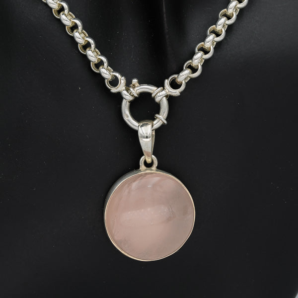 Rose Quartz Round Pendant in Sterling Silver – 2.8cm  Description