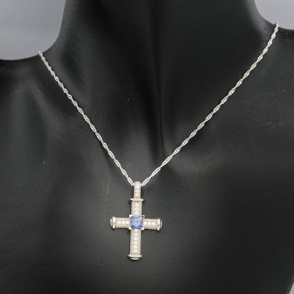 Sterling silver cross in pave with a square blue cubic