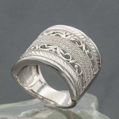 Sterling silver wide band ring with cubics