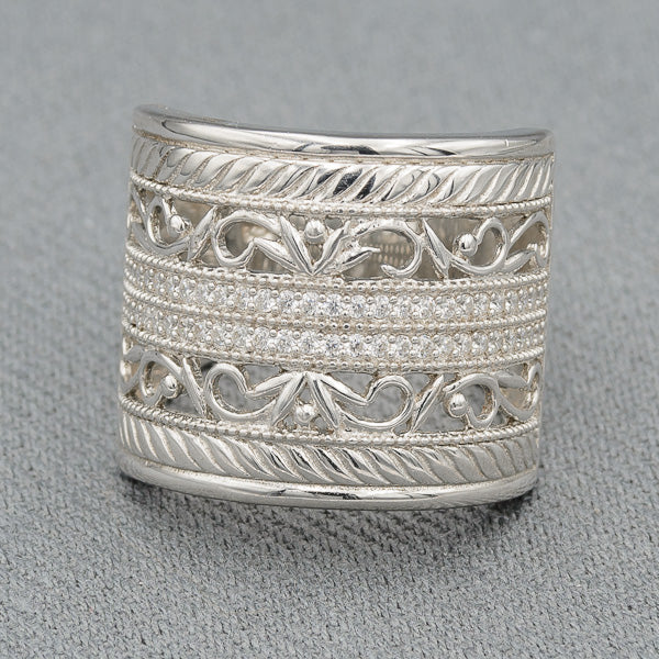 Sterling silver wide band ring with cubics