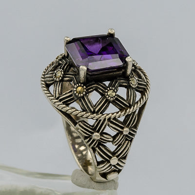 Sterling silver ring with marcasites and amethyst