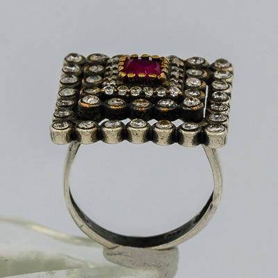 Sterling silver square ring with agate surrounded by cubic zirconias