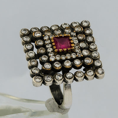 Sterling silver square ring with agate surrounded by cubic zirconias