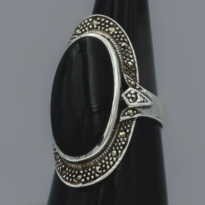 Sterling Silver Black Onyx Ring with Marcasite - Silvertree Jewelry #