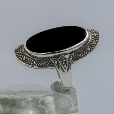 Sterling Silver Black Onyx Ring with Marcasite - Silvertree Jewelry #