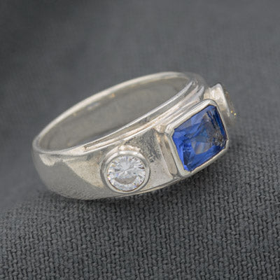 Sterling Silver Blue Rectangular Cubic Ring with Accents - Silvertree Jewelry #