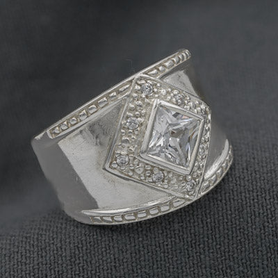 Sterling Silver Wide Band Ring with Diamond Cubic Cluster - Silvertree Jewelry #