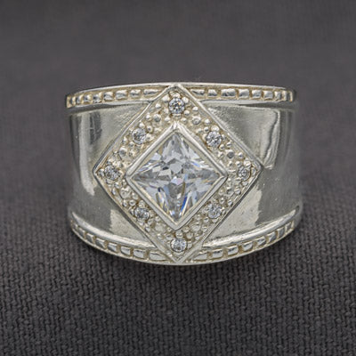 Sterling Silver Wide Band Ring with Diamond Cubic Cluster - Silvertree Jewelry #