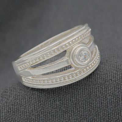 terling Silver Triple Bar Ring with Central Cubic Detail - Silvertree Jewelry #