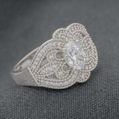 Sterling Silver Oval Cubic Ring with Fleur-de-Lis Detail - Silvertree Jewelry #