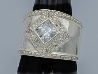 Sterling Silver Wide Band Ring with Diamond Cubic Cluster - Silvertree Jewelry #