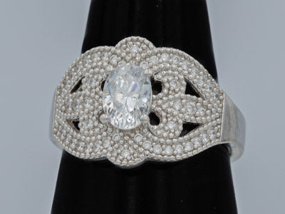 Sterling Silver Oval Cubic Ring with Fleur-de-Lis Detail - Silvertree Jewelry #
