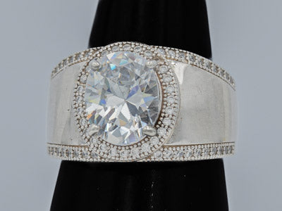 Sterling Silver Wide Band Ring with Oval Cubic Cluster - Silvertree Jewelry #
