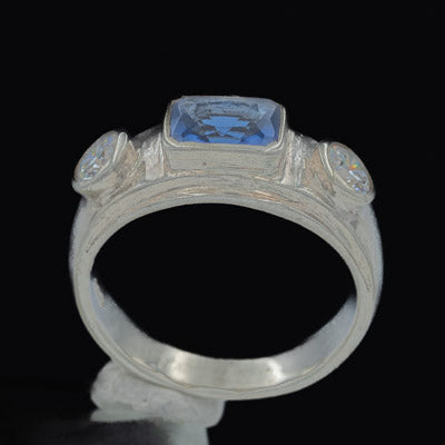 Sterling Silver Blue Rectangular Cubic Ring with Accents - Silvertree Jewelry #