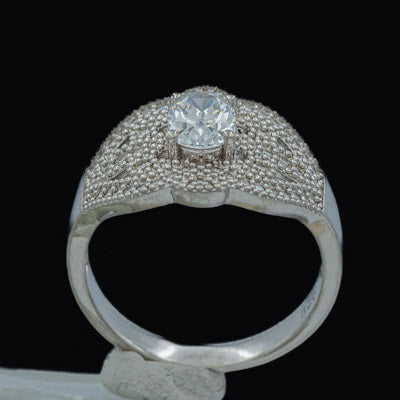 Sterling Silver Oval Cubic Ring with Fleur-de-Lis Detail - Silvertree Jewelry #