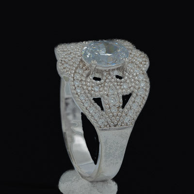Sterling Silver Oval Cubic Ring with Fleur-de-Lis Detail - Silvertree Jewelry #
