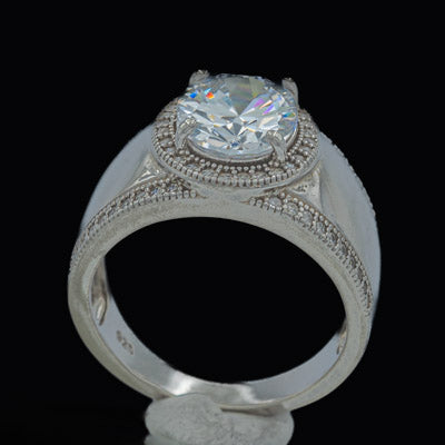 Sterling Silver Wide Band Ring with Oval Cubic Cluster - Silvertree Jewelry #