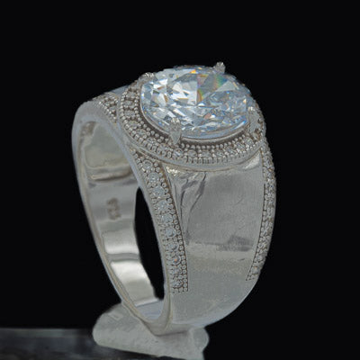 Sterling Silver Wide Band Ring with Oval Cubic Cluster - Silvertree Jewelry #
