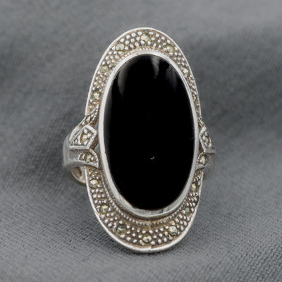 Sterling Silver Black Onyx Ring with Marcasite 