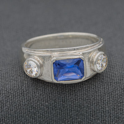 Sterling Silver Blue Rectangular Cubic Ring with Accents - Silvertree Jewelry #