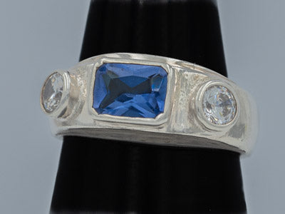 Sterling Silver Blue Rectangular Cubic Ring with Accents - Silvertree Jewelry #