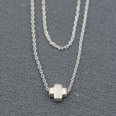 Sterling Silver Double Chain Cross Necklace 42cm – Layered Silver Necklace with Dainty Cross