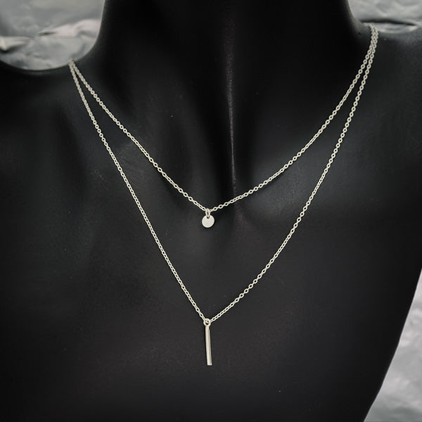 Sterling Silver Double Chain Necklace with Disc and Bar 40cm – Layered Modern Silver Necklace