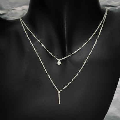 Sterling Silver Double Chain Necklace with Disc and Bar 40cm – Layered Modern Silver Necklace