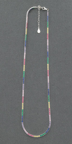 Sterling Silver Multi Colour Cubic Zirconia Chain 2mm – Colourful Stone Set Silver Necklace