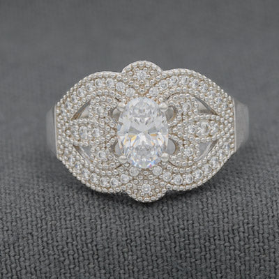 Sterling Silver Oval Cubic Ring with Fleur-de-Lis Detail - Silvertree Jewelry #