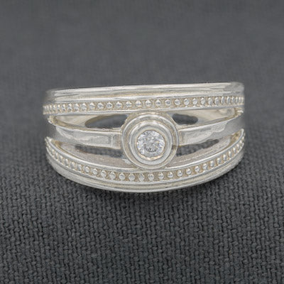 Sterling Silver Triple Bar Ring with Central Cubic Detail
