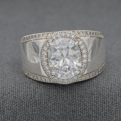Sterling Silver Wide Band Ring with Oval Cubic Cluster