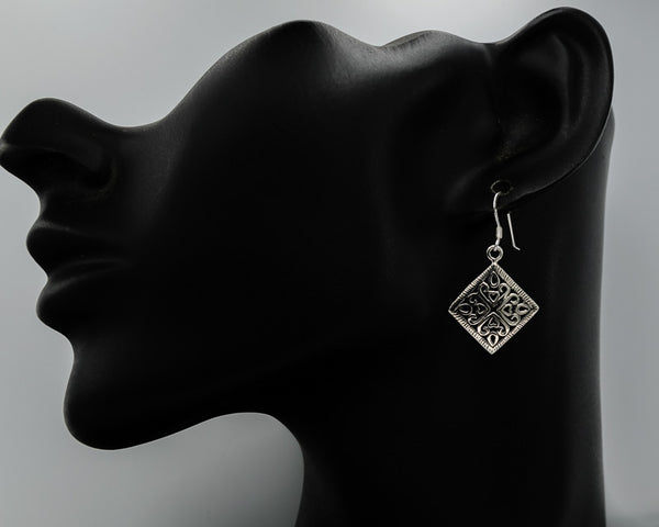 Sterling silver bali style diamond dangling earrings