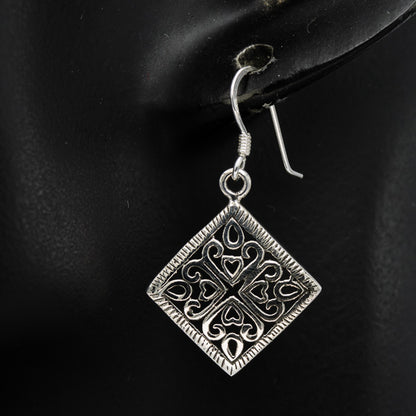 Sterling silver bali style diamond dangling earrings