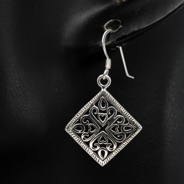 Sterling silver bali style diamond dangling earrings