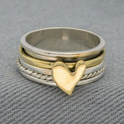 Sterling silver ,brass heart spinner ring